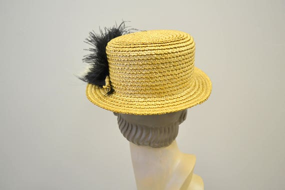 Vintage Straw Hat with Black and White Feathers - image 4