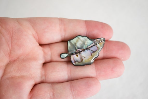 1940s Mexican Sterling and Abalone Leaf Brooch - image 2