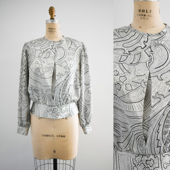 1980s Black and Cream Paisley Blouse