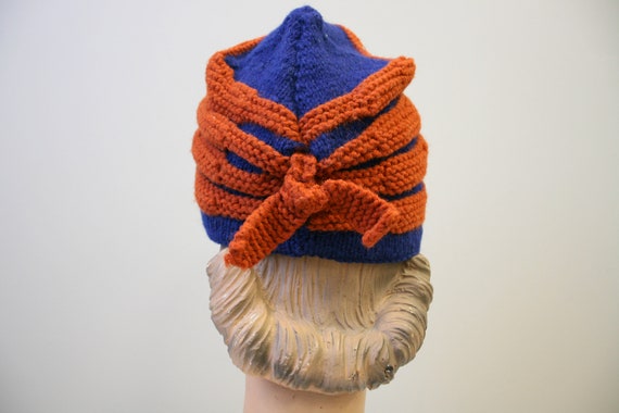 1940s Navy and Orange-Red Striped Wool Knit Hat - image 4