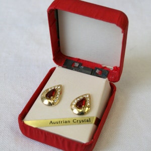 1970s NOS Red and Clear Rhinestone Teardrop Stud Post Earrings