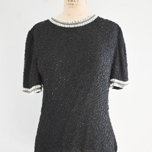 1990s Black Beaded Blouse with Faux Pearl Trim