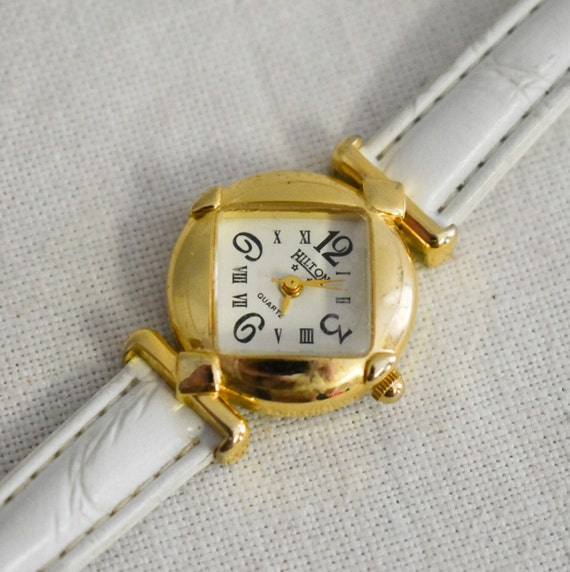 1980s/90s Hilton Wrist Watch with White Leather S… - image 1