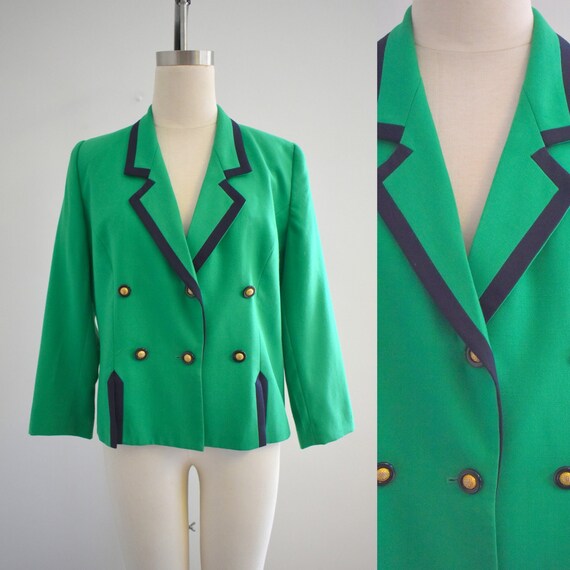 1990s Kasper Green and Navy Linen Jacket