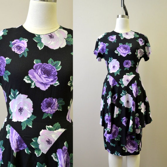 1980s-does-40s Purple Rose Print Dress with Peplum - image 1