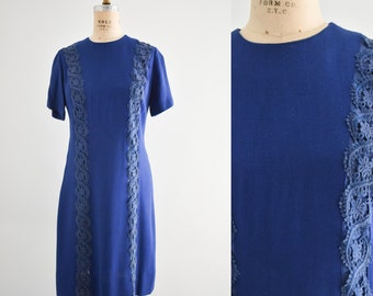 1960s Blue Linen Dress with Floral Trim