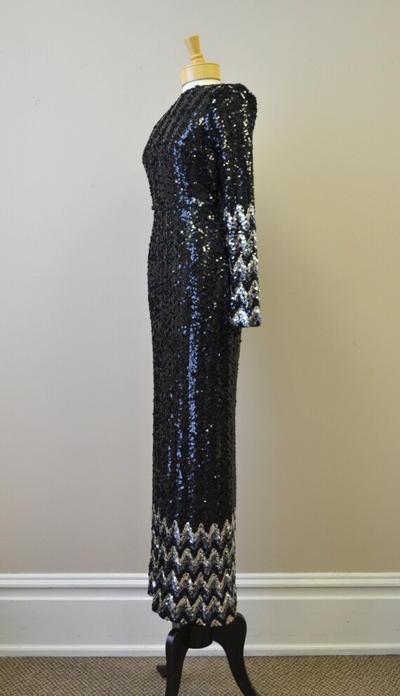 1970s Black and Silver Chevron Sequin Full Length… - image 3