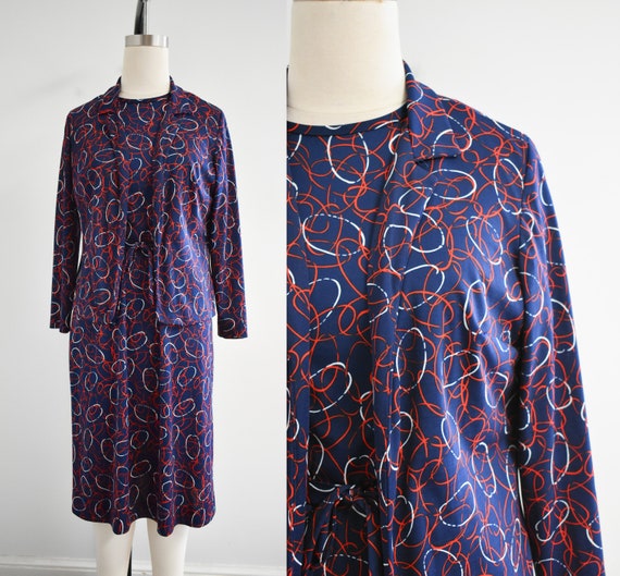 1970s Navy, Red, and White Ring Print Dress and J… - image 1