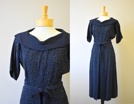 1940s Navy Blue Carnival Beaded Rayon Dress