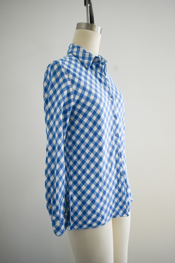 1990s Blue Gingham Linen Blend Blouse - image 4