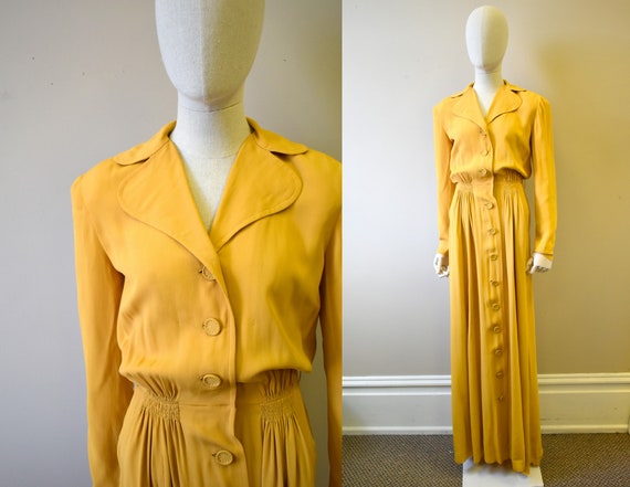 1940s Mustard Rayon Crepe Dress