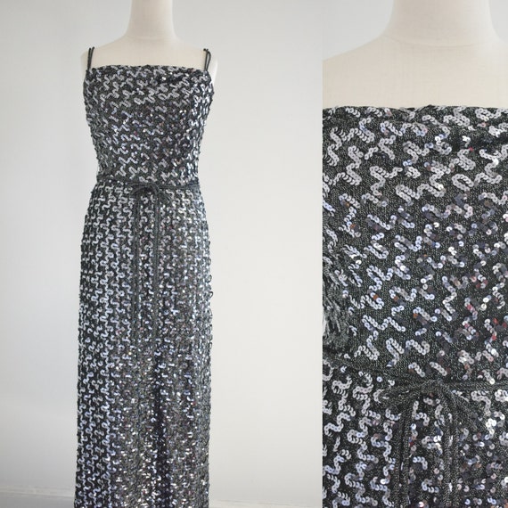 1970s Black and Silver Sequin Dress - image 1