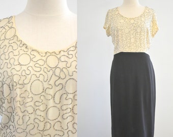 1940s Cream and Black Beaded Dress