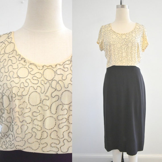 1940s Cream and Black Beaded Dress - image 1