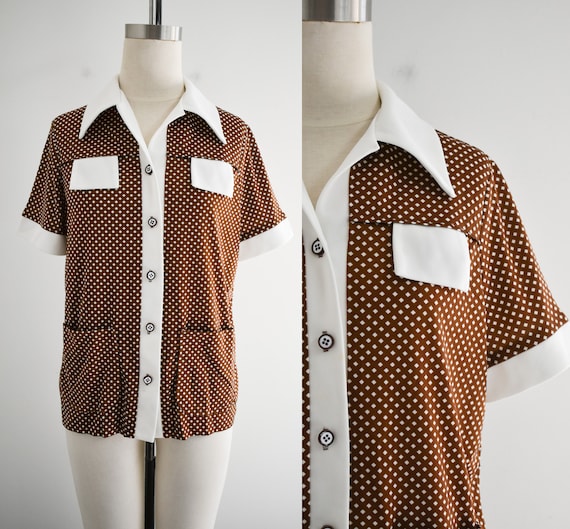 1970s Brown and White Checked Knit Shirt - image 1