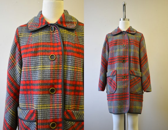1960s Penguin Fashions Plaid Wool Blanket Coat wit
