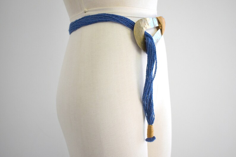 1980s Hammered Brass and Blue Jute Hip Belt