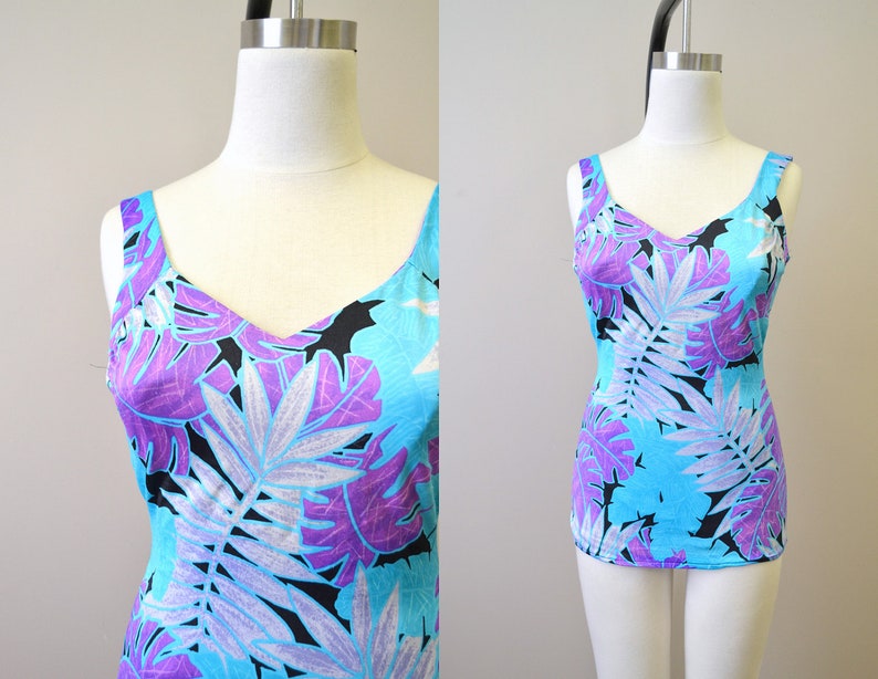 1970s Maxine of Hollywood Blue Leaf Print Swimsuit - Etsy