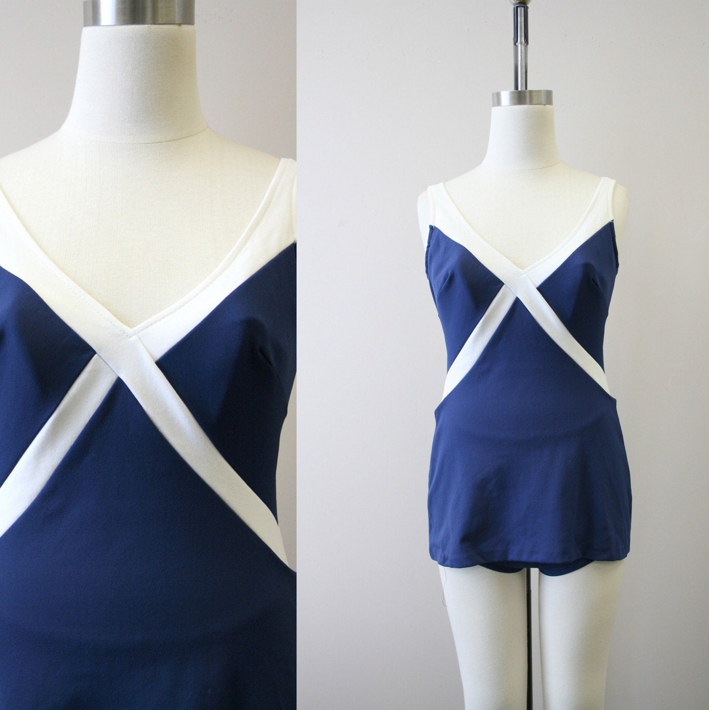 1960s Robby Len Navy and White Swimsuit 