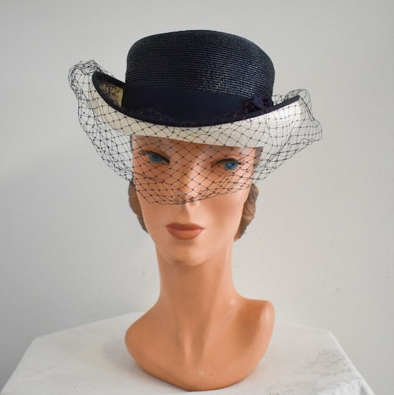 1960s Bellini Navy and White Straw Hat - image 1