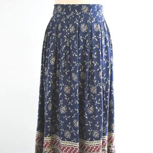 1990s Navy Printed Rayon Midi Skirt