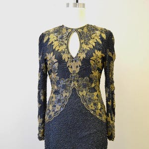 1980s Gold and Black Beaded Cocktail Dress with Keyhole