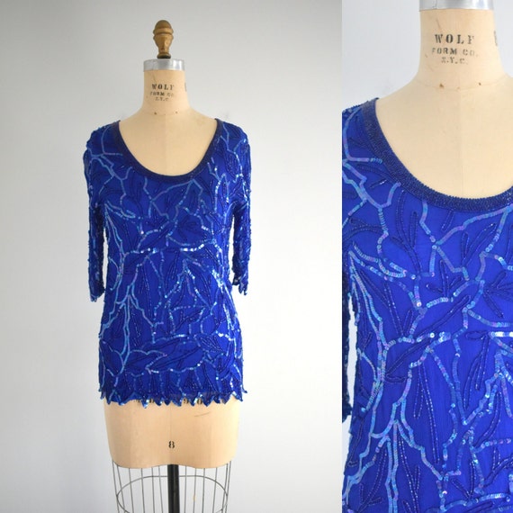 1990s Blue Silk Beaded/Sequined Blouse