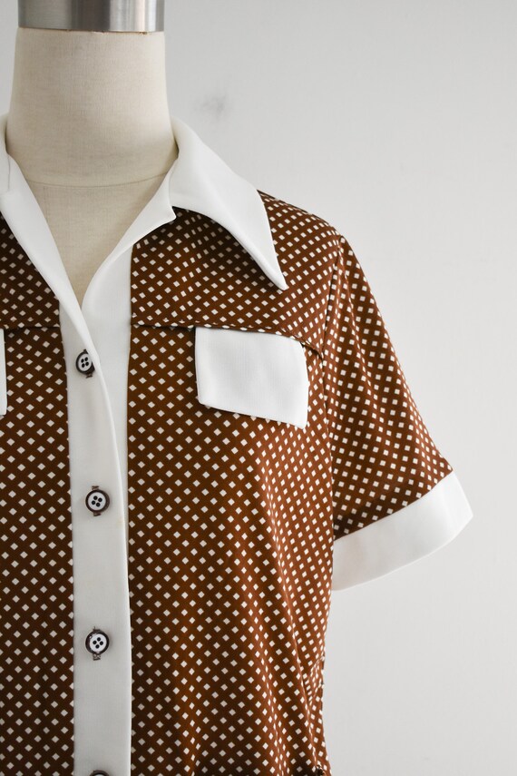 1970s Brown and White Checked Knit Shirt - image 3