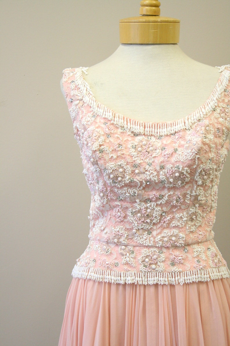 1960s Pat Sandler Pink Beaded Lace and Chiffon Dress image 2