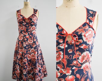 1970s Red and Navy Floral Dress