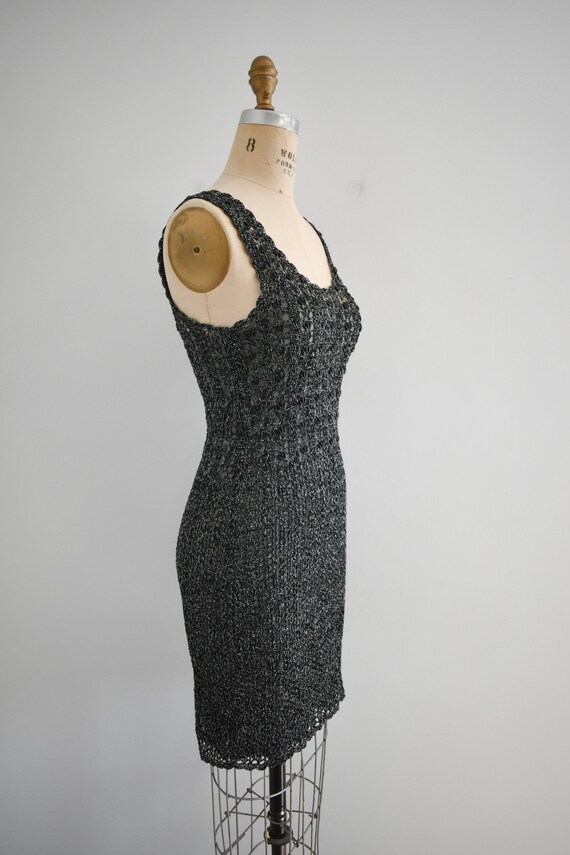 1990s Black and Silver Beaded Crochet Dress - image 4