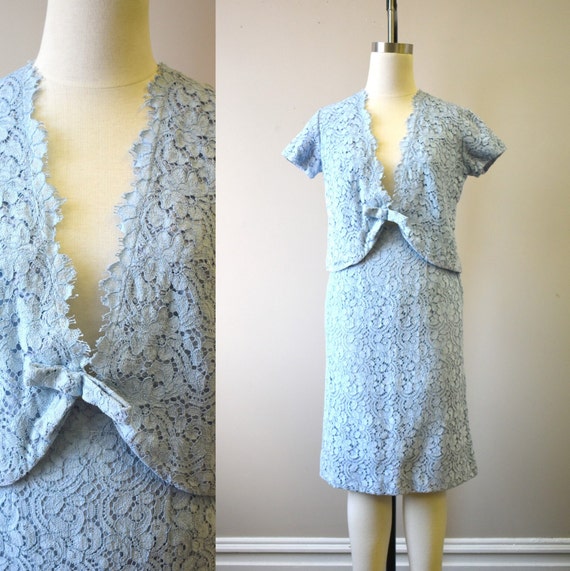 1960s Leslie Fay Blue Lace Jacket and Skirt