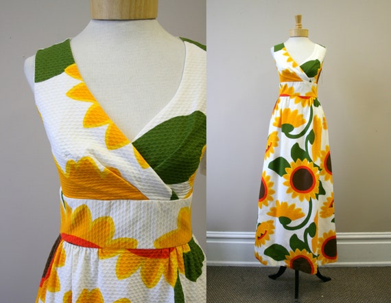 1960s Malia Sunflower Cotton Pique Maxi Dress