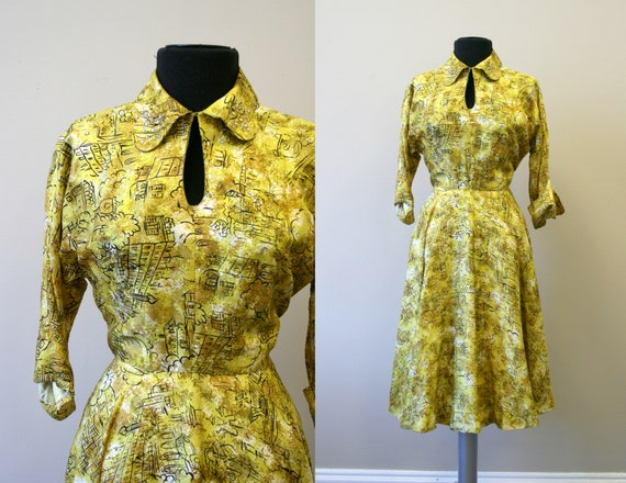 1940s/50s Yellow Printed Silk Dress with Rhineston