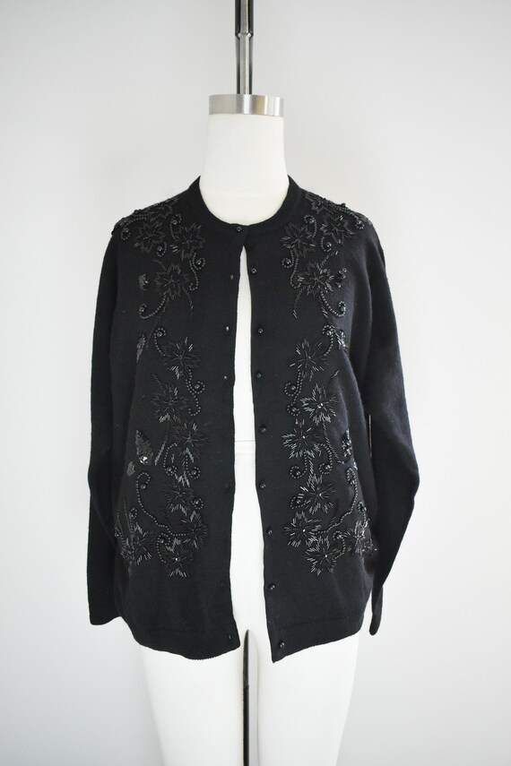 80s-does-50s Black Beaded Cardigan Sweater - image 2