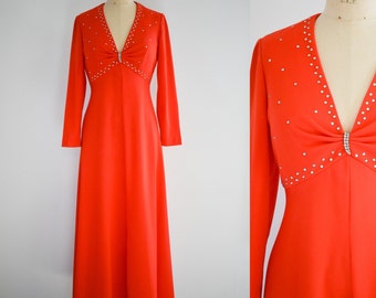 1970s Orange-Red Knit Maxi Dress with Rhinestones