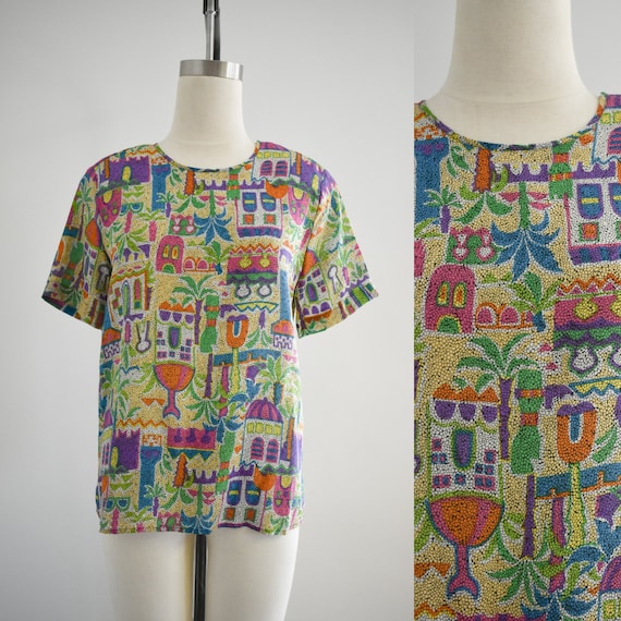 1990s Tropical Print Silk Blouse - image 1