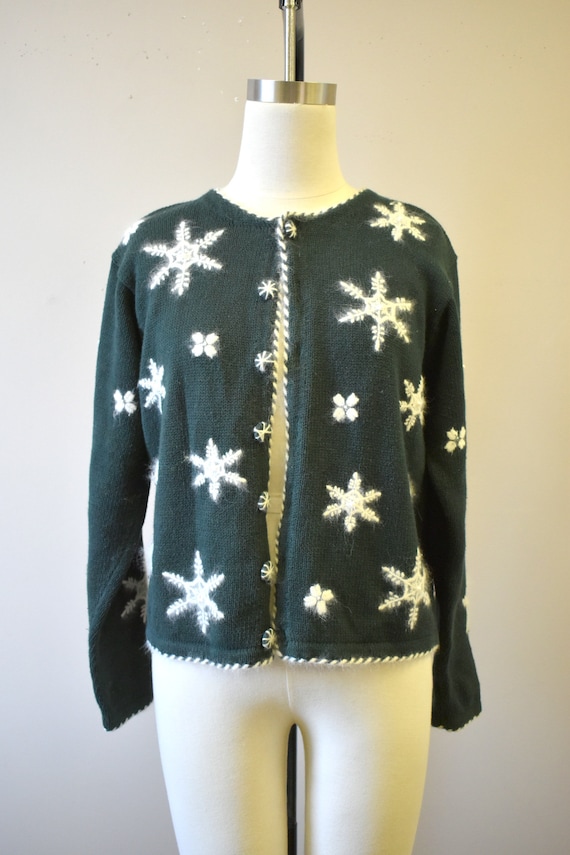 1990s Green Snowflake Cardigan Sweater - image 2