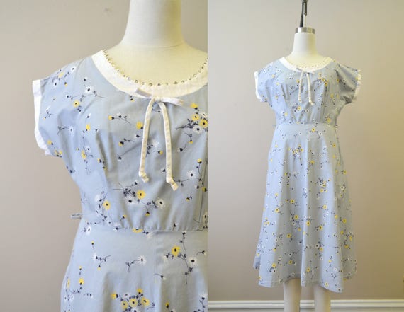1950s Gray Daisy Cotton Dress