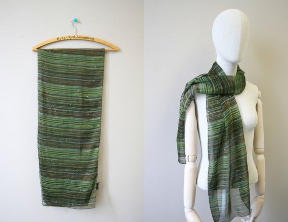 1990s Green Striped Chiffon Scarf - image 2