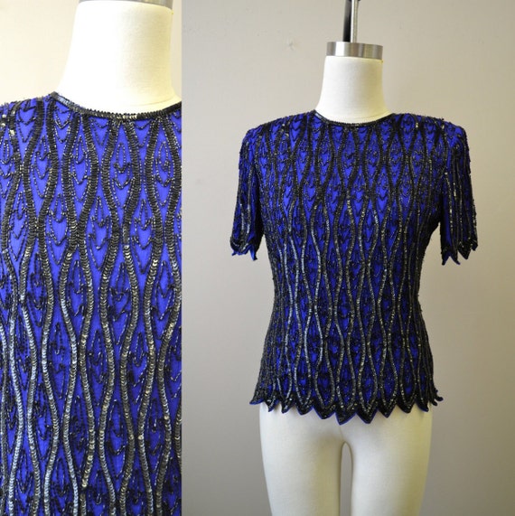 1990s Stenay Blue and Black Beaded Top