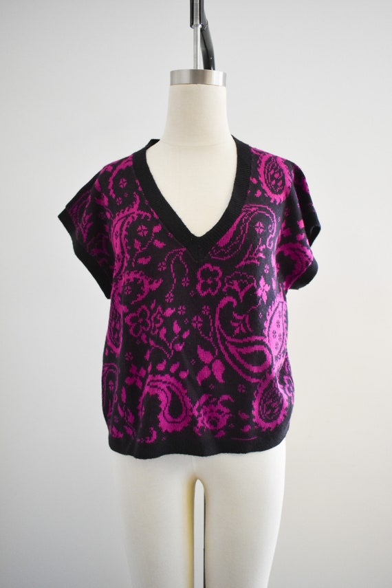 1980s Hot Pink and Black Paisley Sweater - image 2