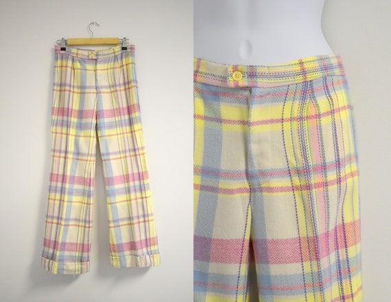 1970s Pastel Plaid Wide Leg Cuffed Trousers