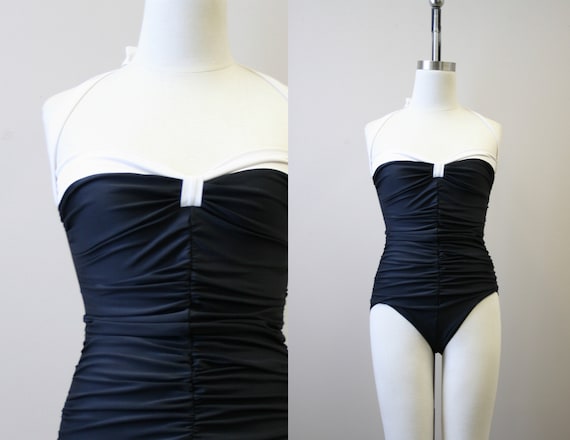 1980s Esther Williams Ruched Black and White Swims