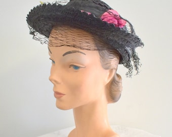 1940s Black Straw Hat with Pink Roses and Netting