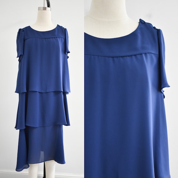 1970s/80s Navy Tiered Chiffon Dress