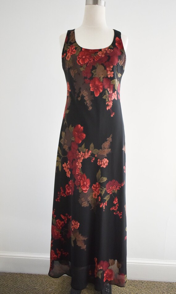 1990s Black and Red Floral Maxi Dress - image 3