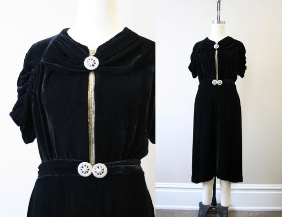 1930s Black Velvet Dress and Belt