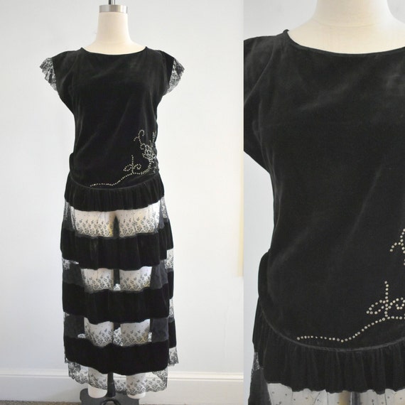 1920s Black Velvet and Lace Dress with Rhinestone… - image 1