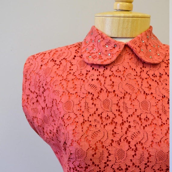 1950s Coral Lace and Rhinestone Fishtail Wiggle Dr